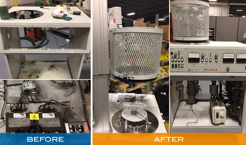 Before and after images showing thin film deposition equipment before upgrades and refurbishment.