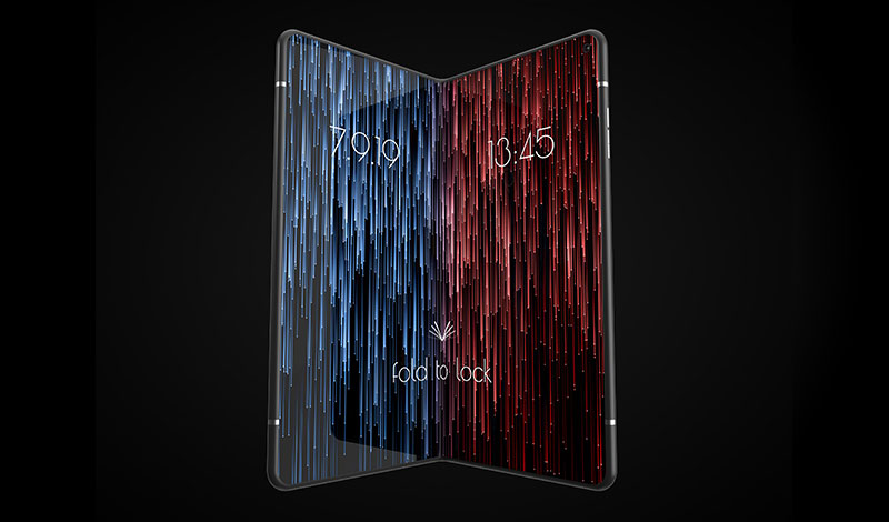 A 3D rendering of a foldable smartphone, showing the lock screen with the date in the left panel and the time in the right panel.