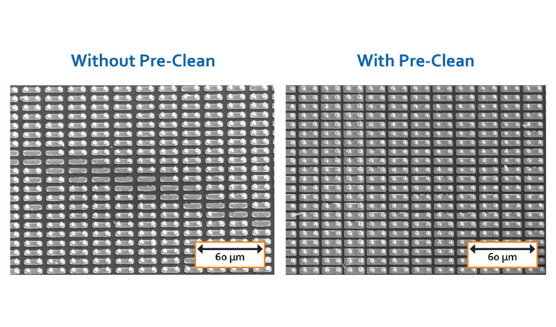 Side-by-side comparison of indium bump arrays without pre-clean and with pre-clean, respectively.