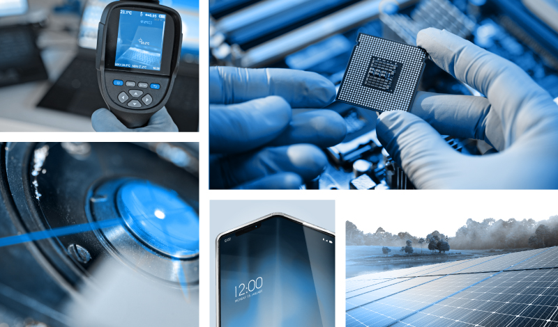 Collage of lab pictures - semiconductor, laser, bendable screen, etc.